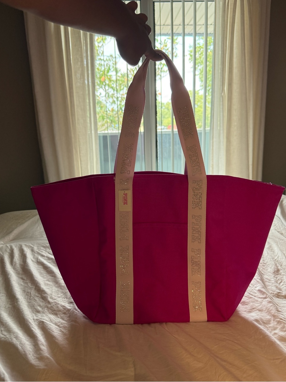 PINK Victoria's Secret Hot Pink Canvas Tote with Cream Branded Straps